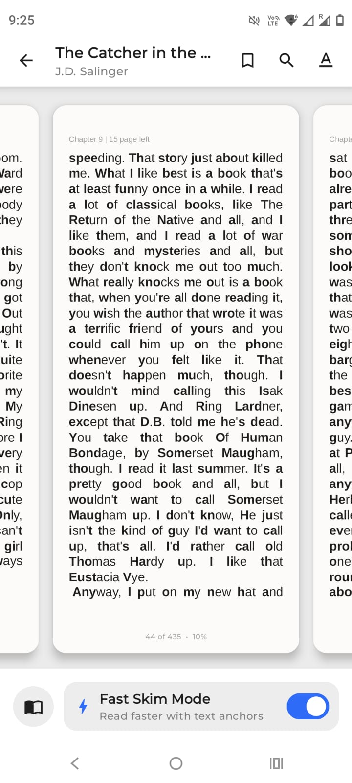 A book open in BookSkim with Fast Skim mode switched on