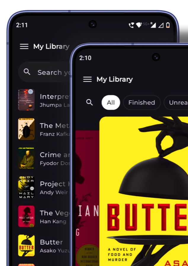 The BookSkim library, as a list of books and as a shelf of covers