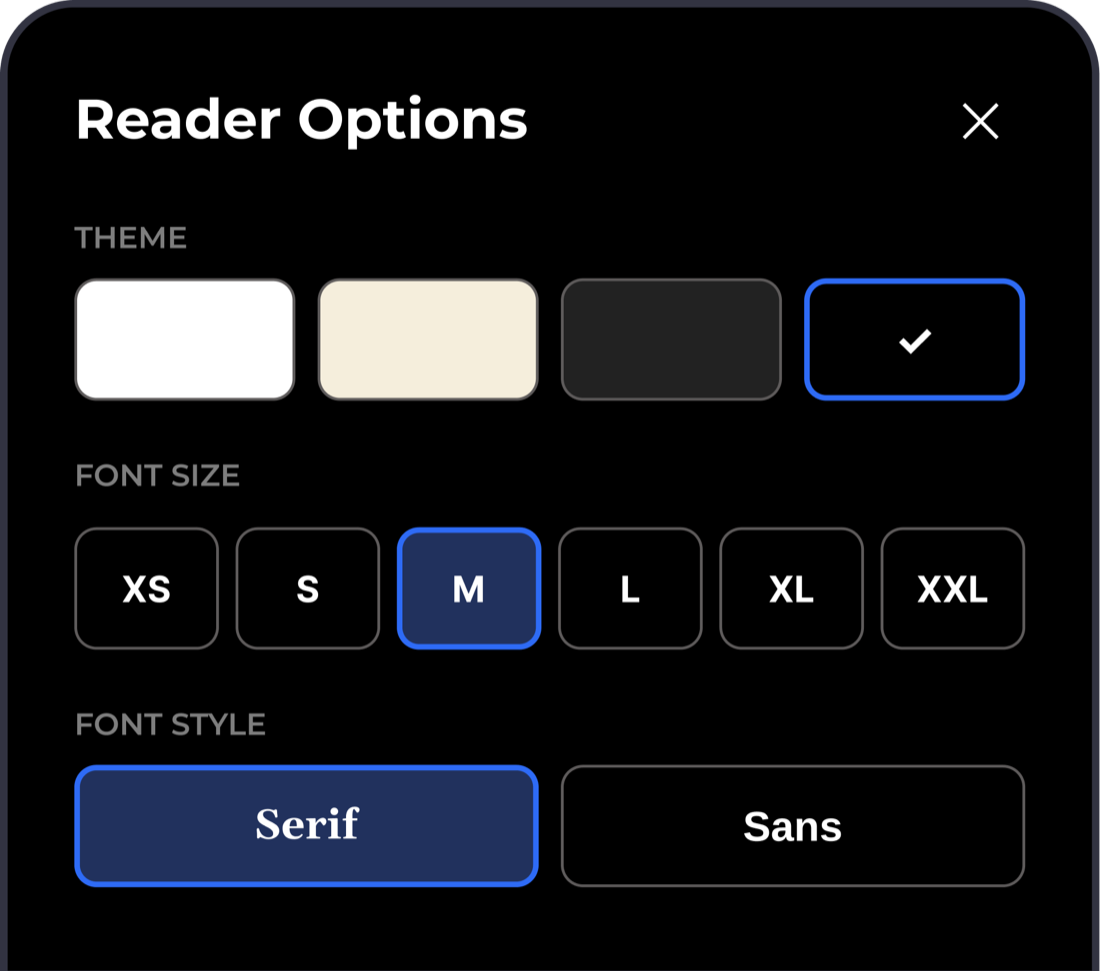 BookSkim's reader options: theme, font size and font style
